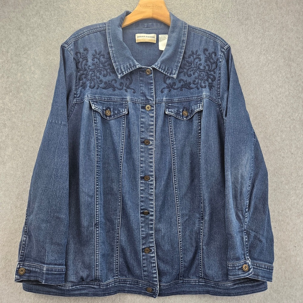 ALFRED DUNNER | Woman 20W Blue Denim Jacket Embroidered Floral Stretch Coat